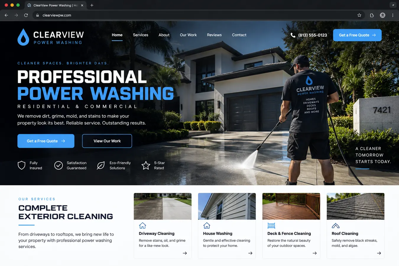ClearView Power Washing website concept study shown in a desktop browser