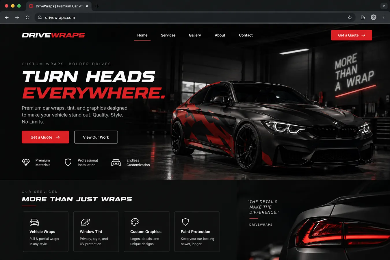 DriveWraps website concept study shown in a desktop browser